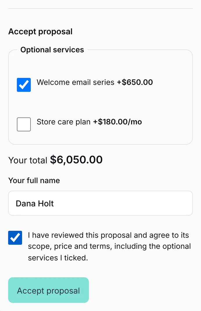 Client accepting a proposal: one of two optional services ticked, total $6,050