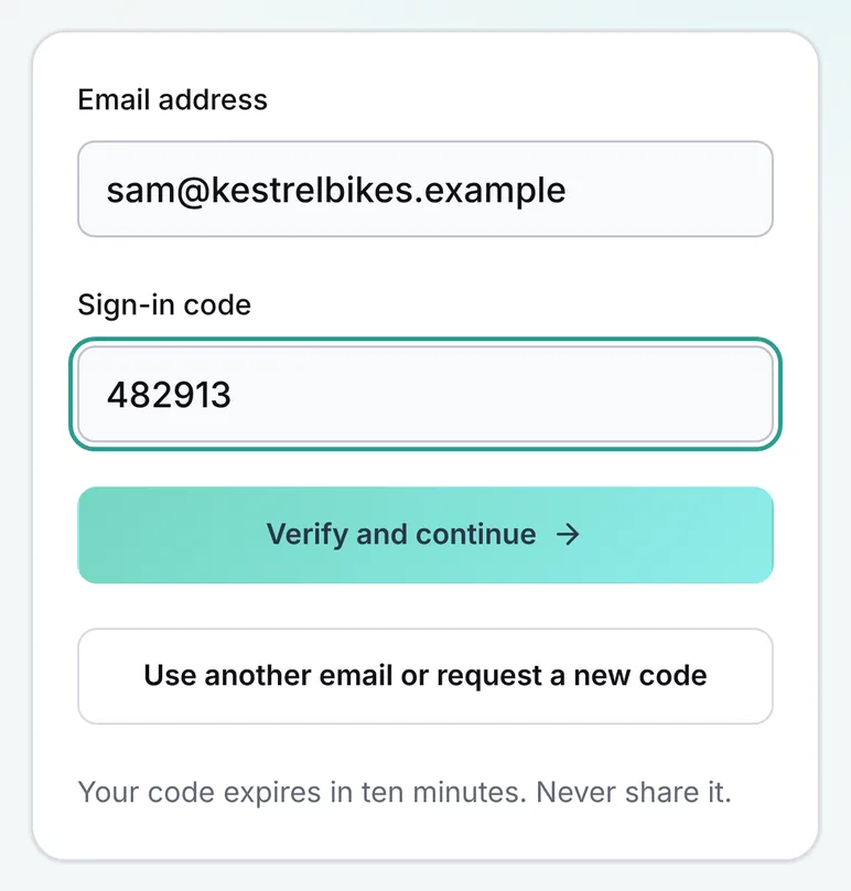 Sign-in code step on a phone with a 6-digit code typed in