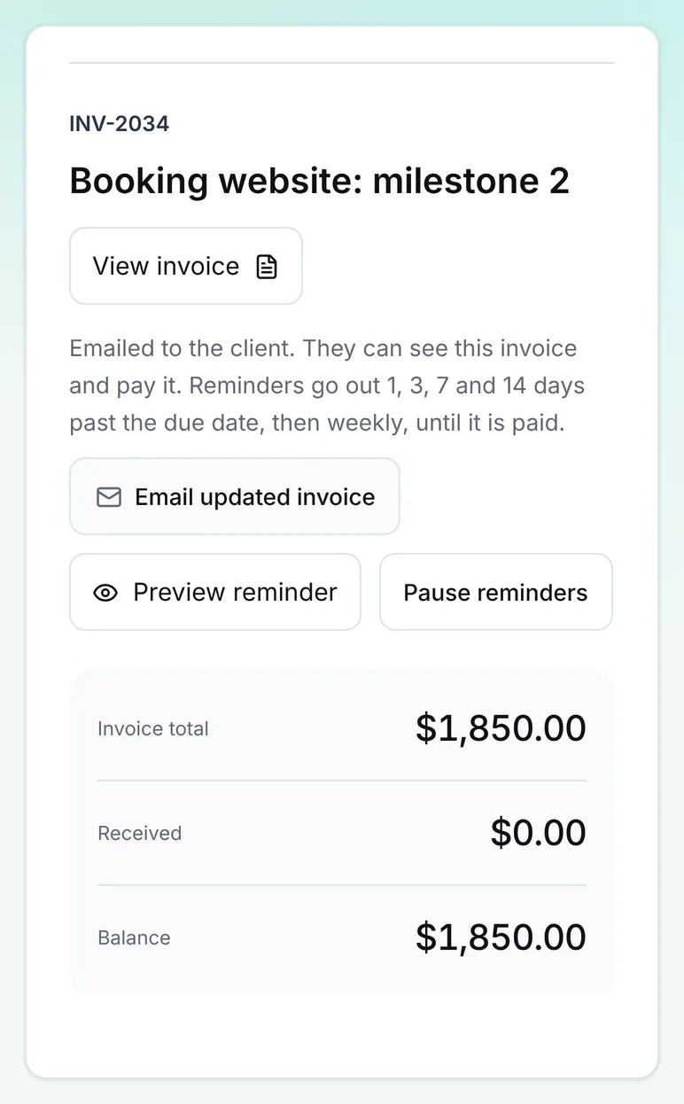 Open invoice INV-2034 for $1,850 with buttons to view, email the update and preview