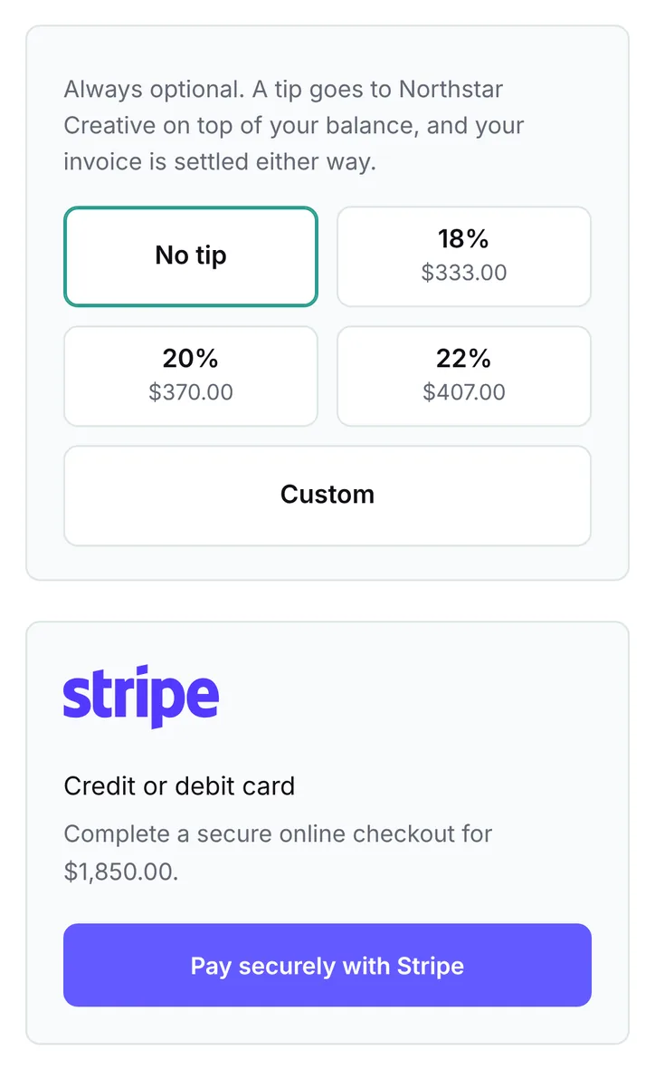 Phone view of an invoice with a $1,850 balance and tip choices