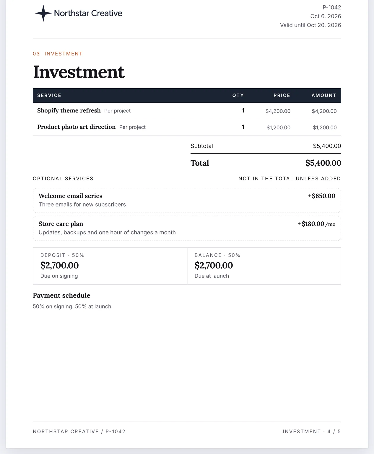 Proposal investment page with two services, two optional services and a 50% deposit