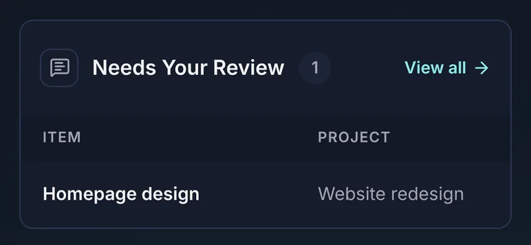 Client portal home in the dark theme with 1 item to review