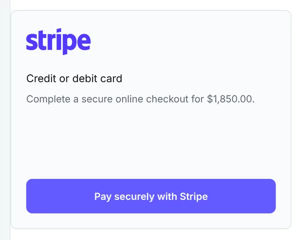 Card checkout for a $1,850 invoice with a Pay securely with Stripe button
