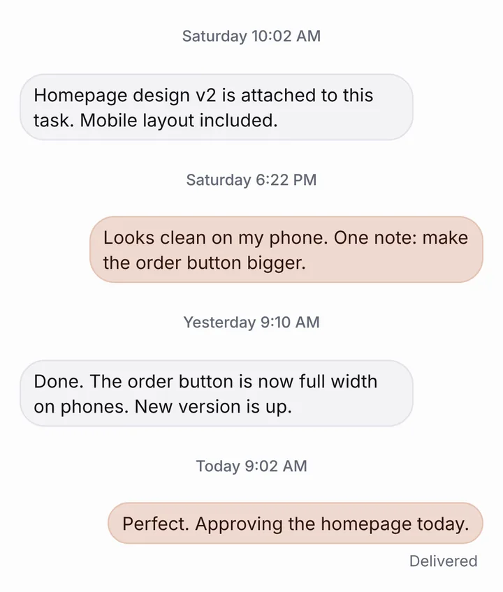Phone view of a task thread between the studio and its client