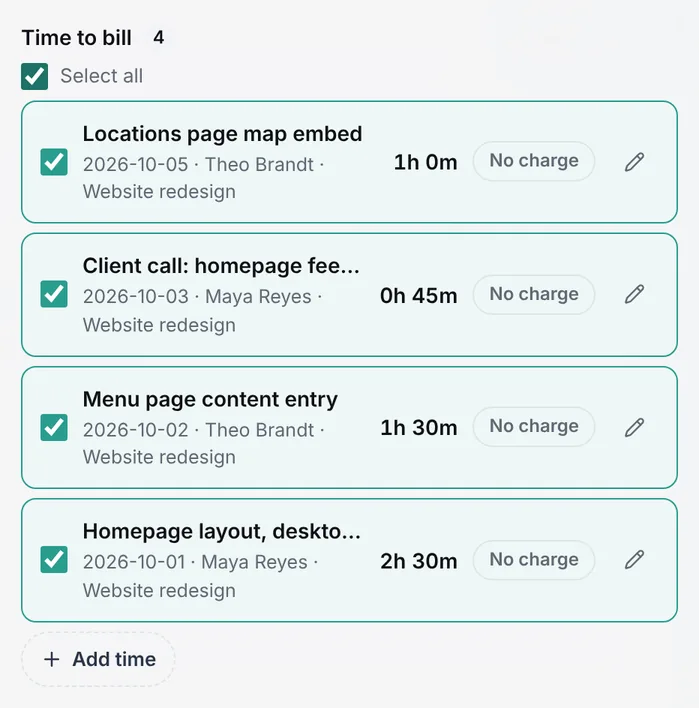 Bill time drawer with four time entries ticked for one client